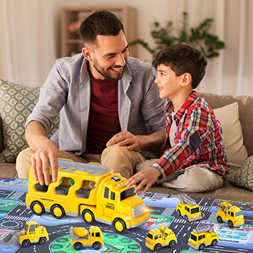 iHaHa Toddler Toys for 2 3 4 5 6 Years Old Boys, 7 in 1 Construction Trucks Veihicle Playset with Play Mat, Birthday for Boys Girls Toddlers Kids - Image 2