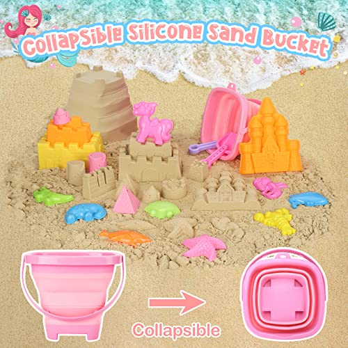 KUBUSFLY Beach Toys, Sand Toys for Toddlers, Sand Castle Sandbox Toys, Collapsible Sand Bucket and Shovels Kids Beach Toys with Mesh Bag Sandbox Toys for Toddlers Travel Beach Toys for Boys Baby Girls - Image 6