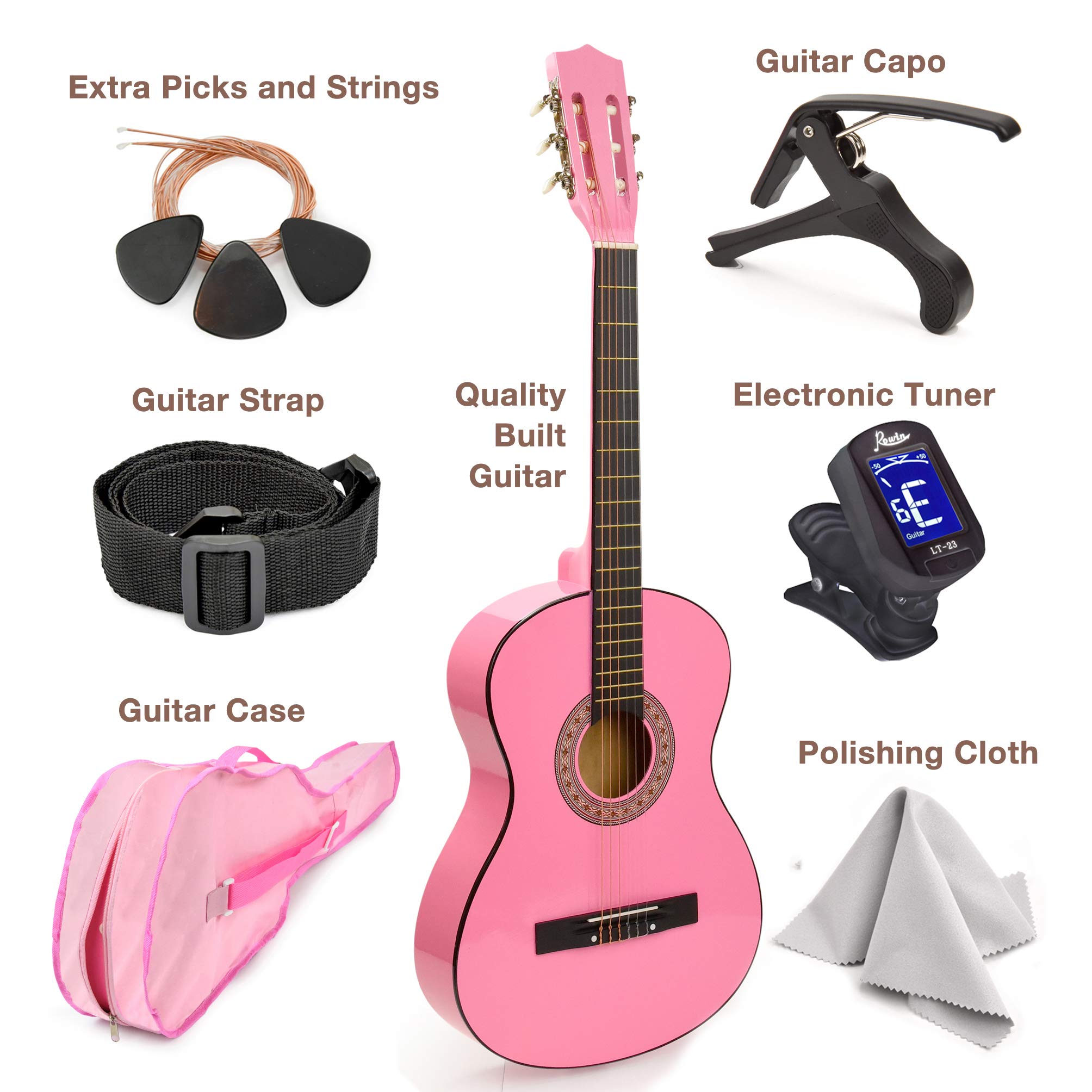 30" Wood Classical Guitar with Case and Accessories for Kids/Girls/Boys/Beginners (Pink) - Image 7