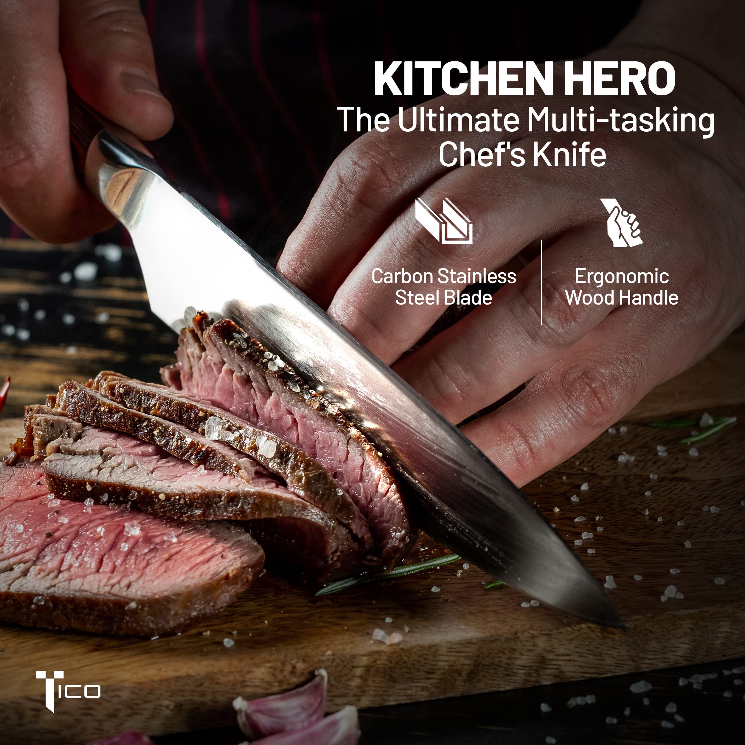 TICO Ultra Sharp 8 inch Chef's Knife - German Carbon Steel Blade, Ergonomic Pakka Wood Handle - Professional Kitchen Knife for Chopping, Cutting, Thinly Slicing Meats & Vegetables - Image 6